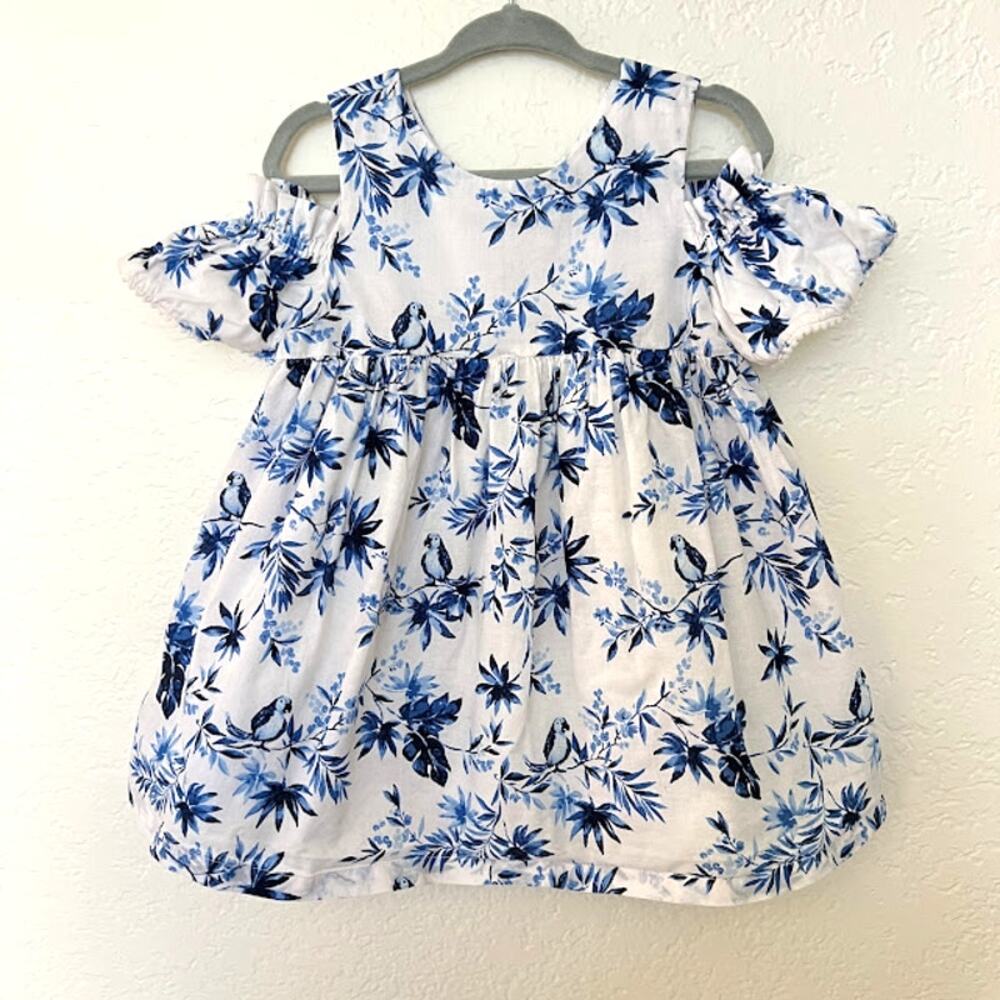 Janie & Jack Dress Girls Blue Floral Bird Off Shoulder Button Back Dress 18-24M
